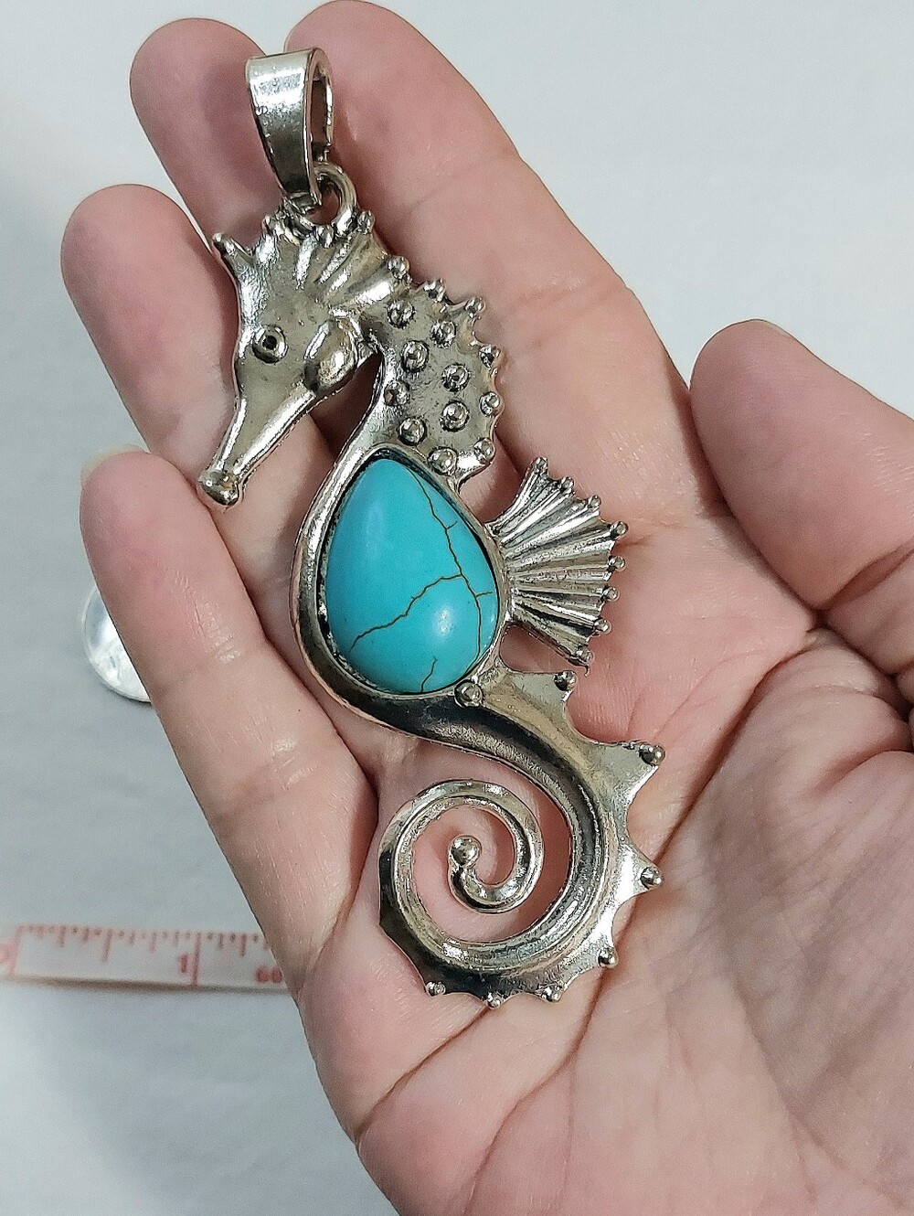 Turquoise Stone Seahorse Necklace Pendant - Silver Tone Womens Jewelry
